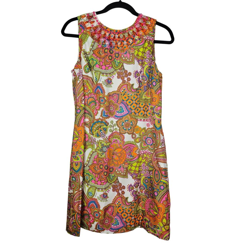 Milly New York 4 Paisly Silk Sheath Dress Beaded Retro Palm Springs Preppy